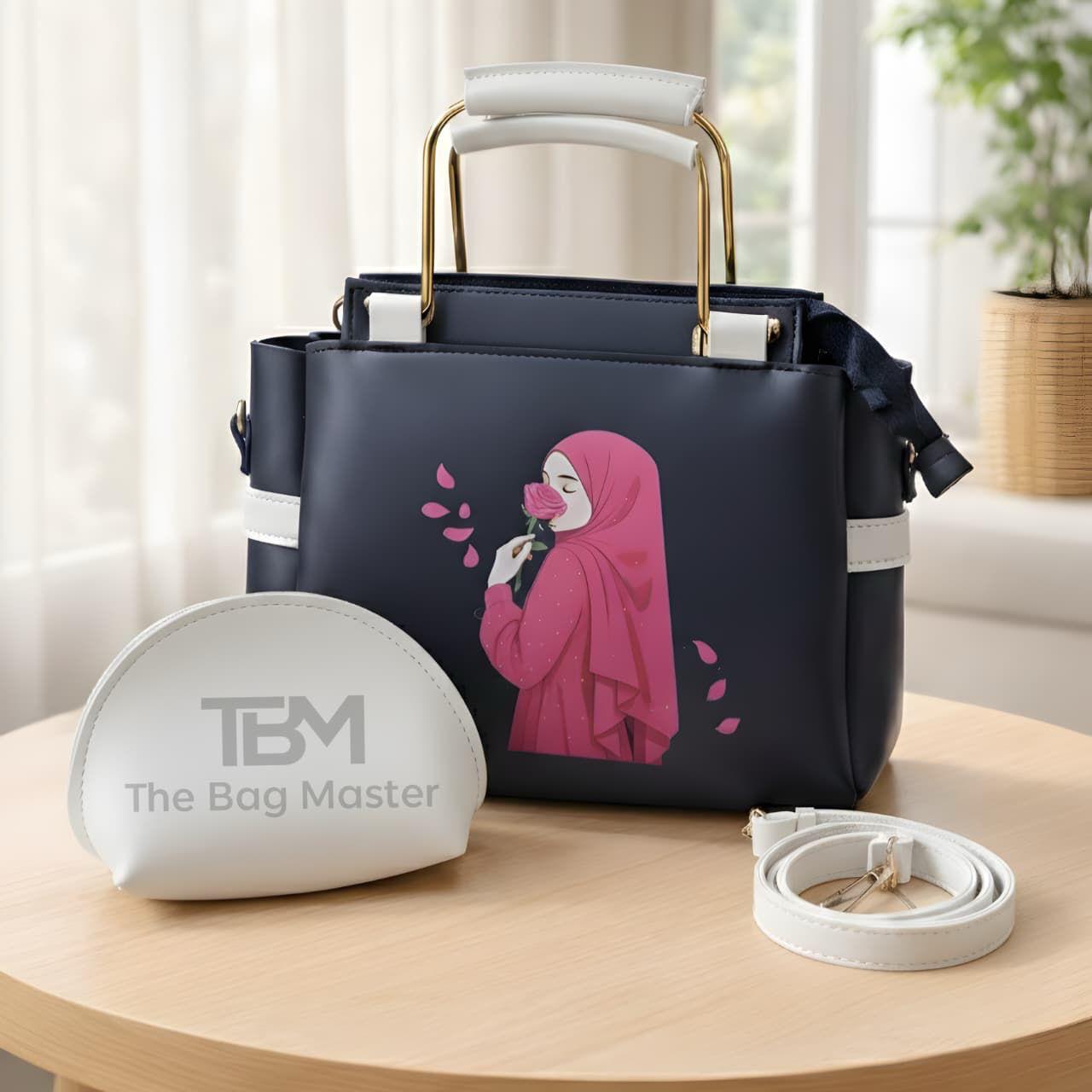 Elegant Women’s Handbag Set with Printed Design, Top Handle Tote, Crossbody Strap & Makeup Pouch