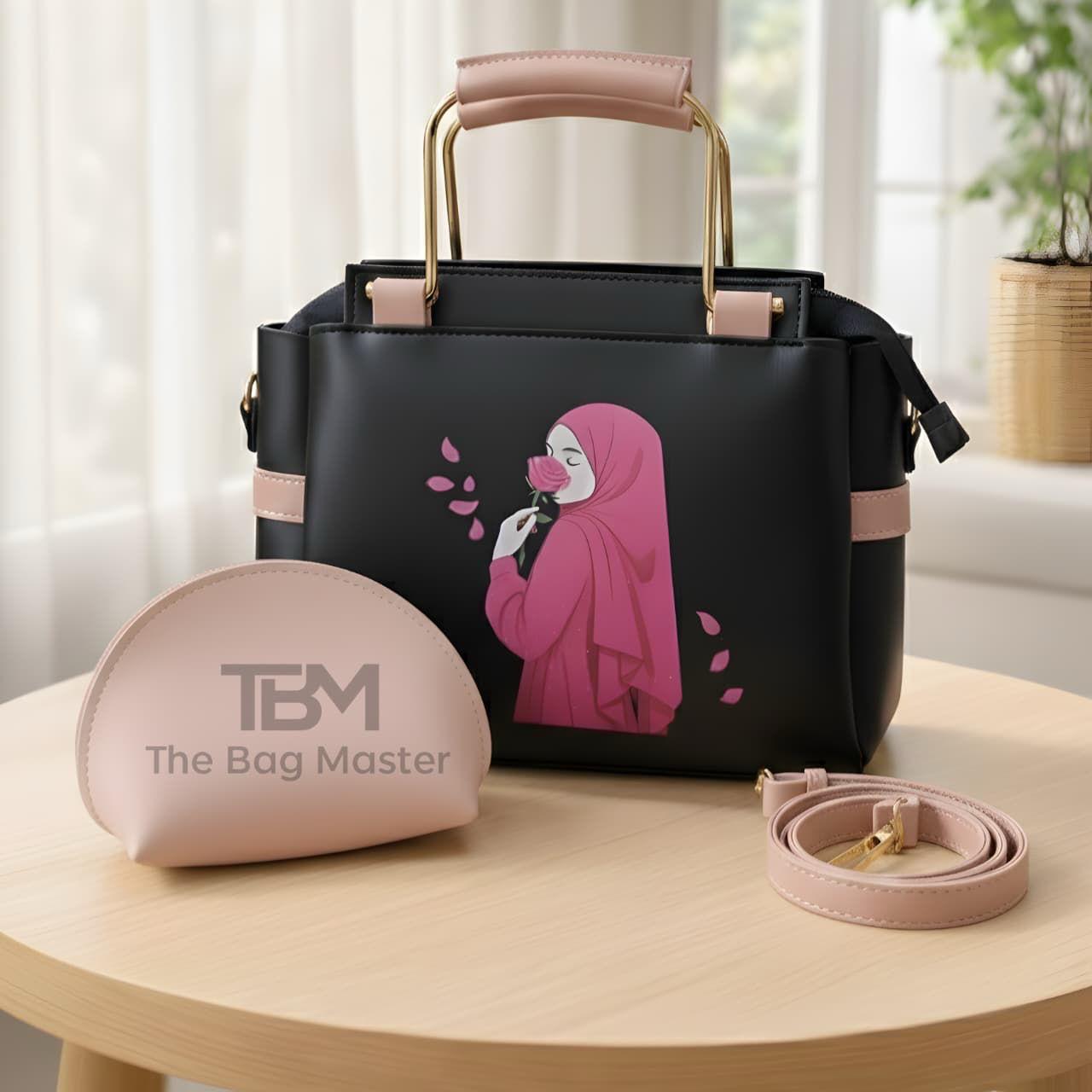 Elegant Women’s Handbag Set with Printed Design, Top Handle Tote, Crossbody Strap & Makeup Pouch