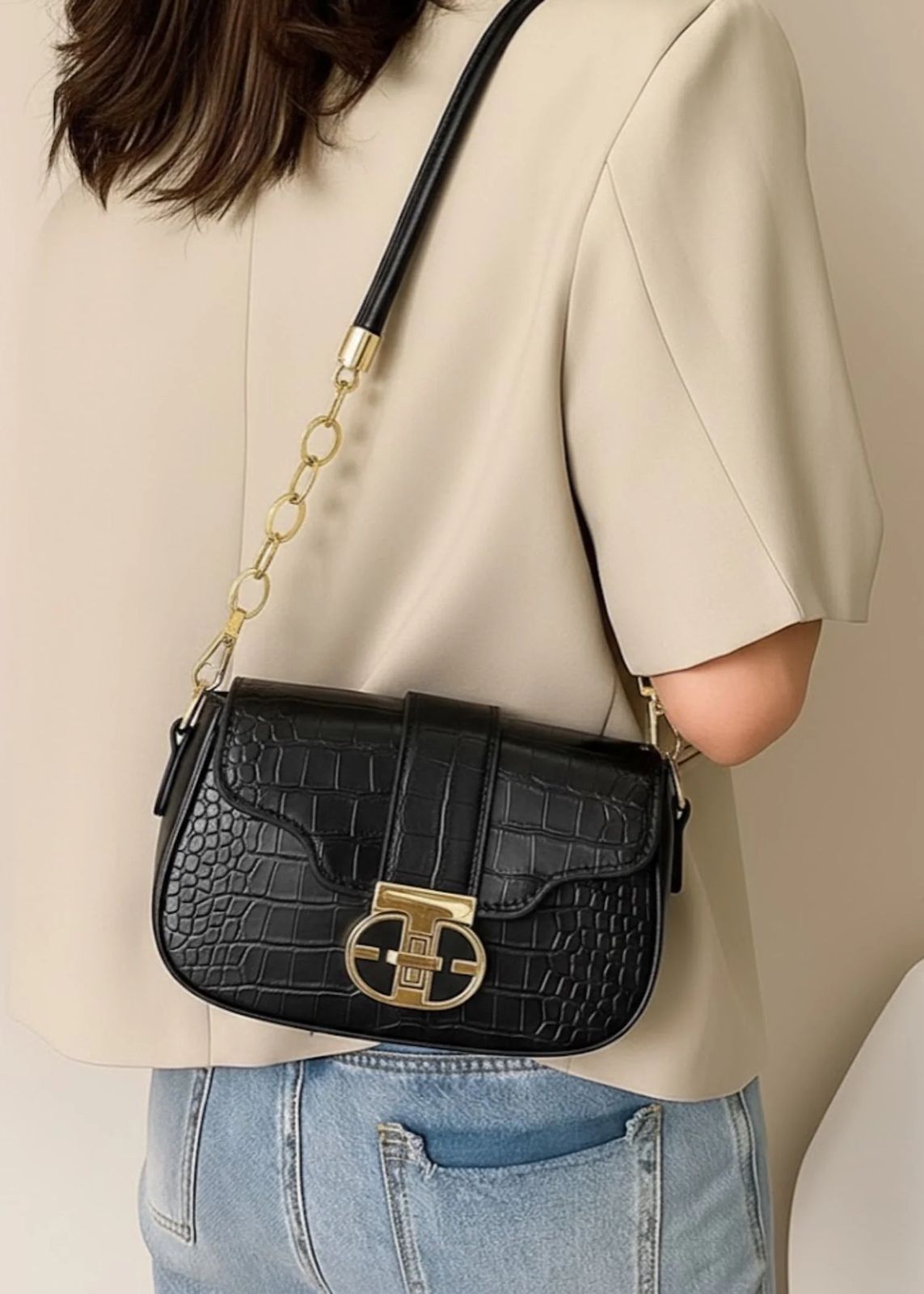 Structured Croc-Embossed Faux Leather Shoulder Bag