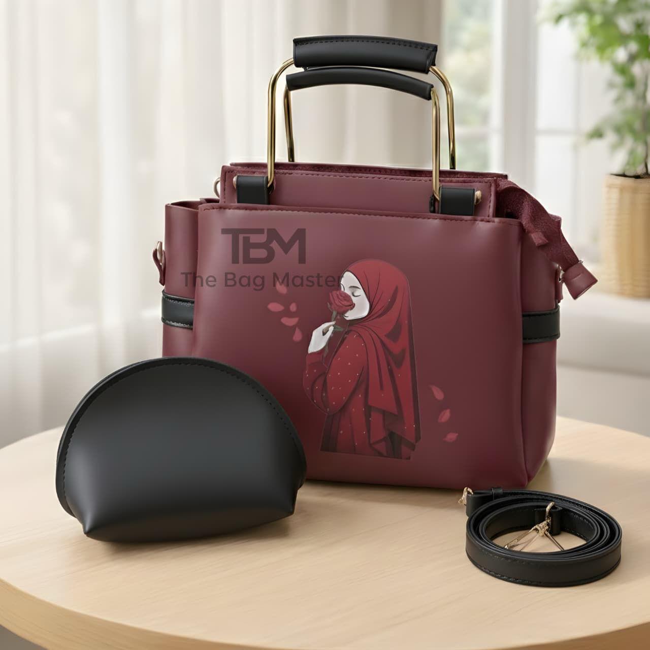 Elegant Women’s Handbag Set with Printed Design, Top Handle Tote, Crossbody Strap & Makeup Pouch