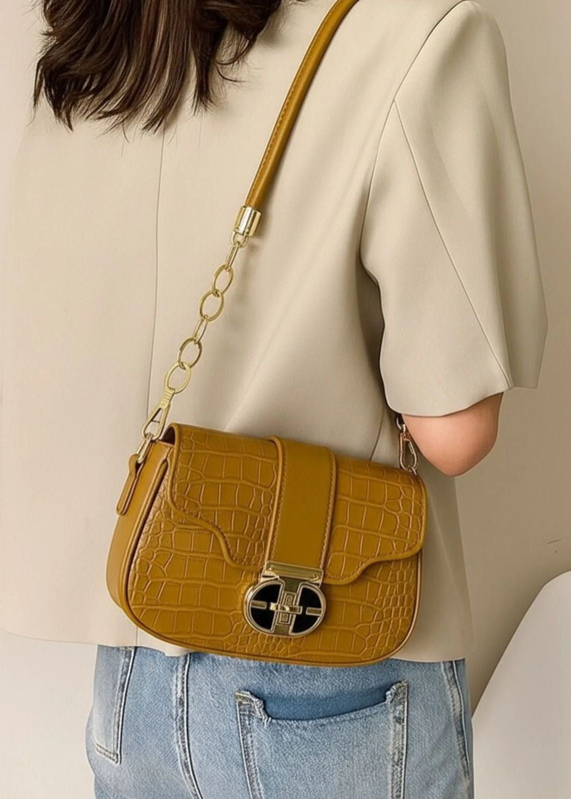 Structured Croc-Embossed Faux Leather Shoulder Bag