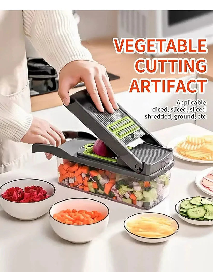 16-in-1 Multifunctional Vegetable Chopper & Slicer with Colander Basket and Storage Container