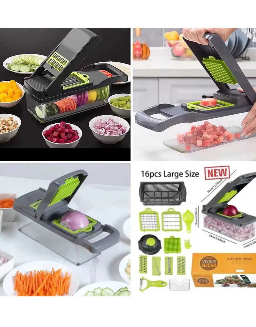 16-in-1 Multifunctional Vegetable Chopper & Slicer with Colander Basket and Storage Container