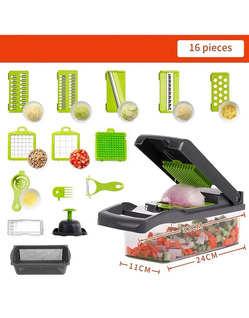 16-in-1 Multifunctional Vegetable Chopper & Slicer with Colander Basket and Storage Container