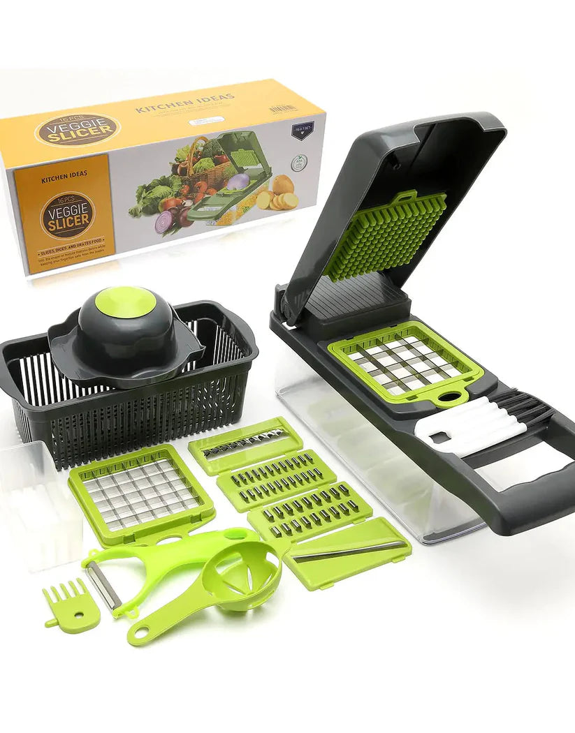 16-in-1 Multifunctional Vegetable Chopper & Slicer with Colander Basket and Storage Container